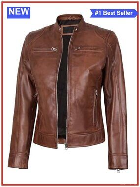 Womens Lambskin Leather Jacket Cafe Racer Quilted Zip Moto Coat